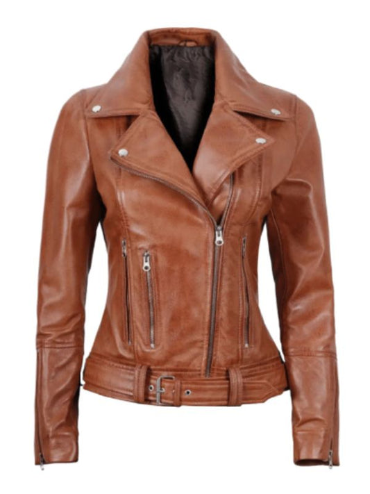 Brown leather jacket on a white background