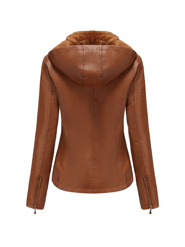 Womens Biker Moto Racer Shearling Brown Leather Hooded Jacket