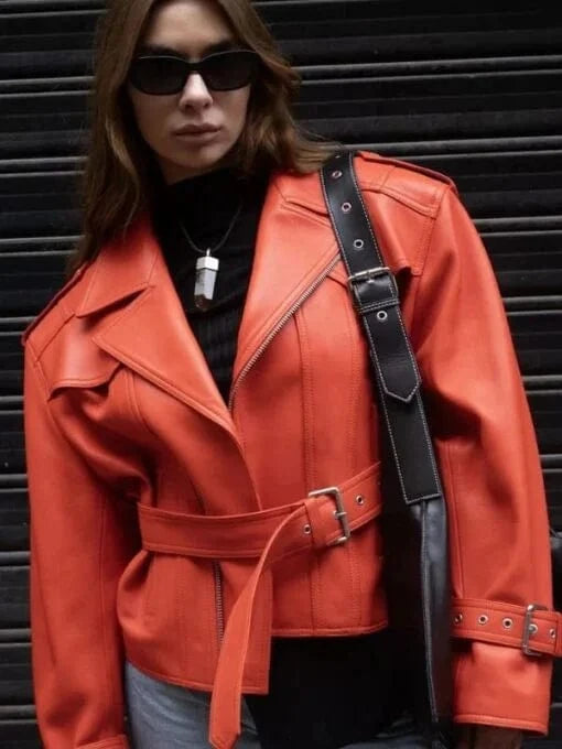 Thread Masters INC Womens Oversize 80s Orange Biker Cropped Leather Jacket