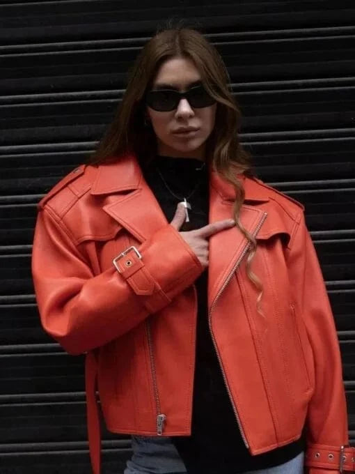 Thread Masters INC Womens Oversize 80s Orange Biker Cropped Leather Jacket