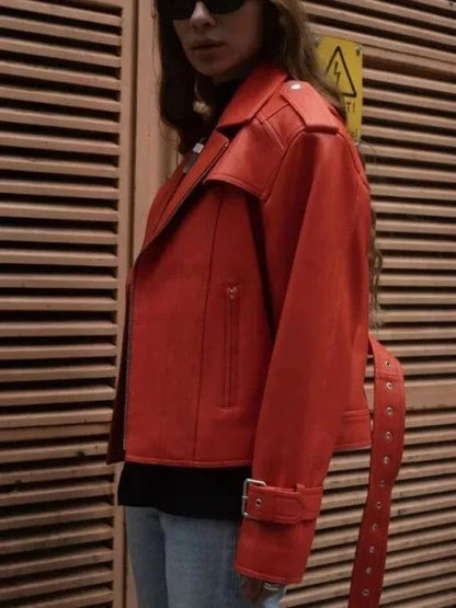 Thread Masters INC Womens Oversize 80s Orange Biker Cropped Leather Jacket