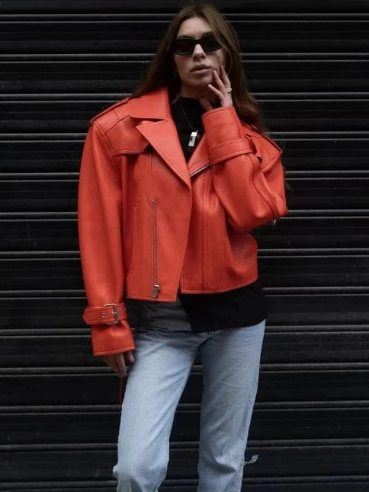 Thread Masters INC Womens Oversize 80s Orange Biker Cropped Leather Jacket