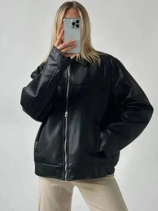 Thread Masters INC Womens Oversized 90’s Bomber Black Leather Jacket
