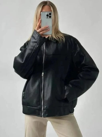 Thread Masters INC Womens Oversized 90’s Bomber Black Leather Jacket