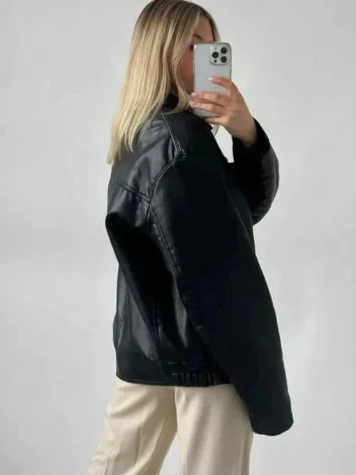 Thread Masters INC Womens Oversized 90’s Bomber Black Leather Jacket