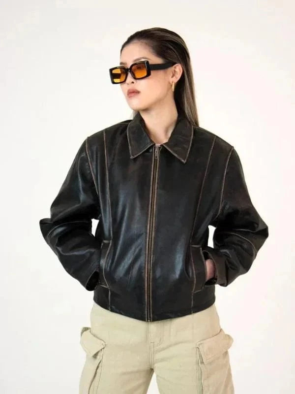 Thread Masters INC Womens Oversized 90s Distressed Brown Boxy Leather Jacket
