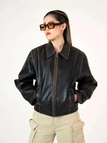 Thread Masters INC Womens Oversized 90s Distressed Brown Boxy Leather Jacket