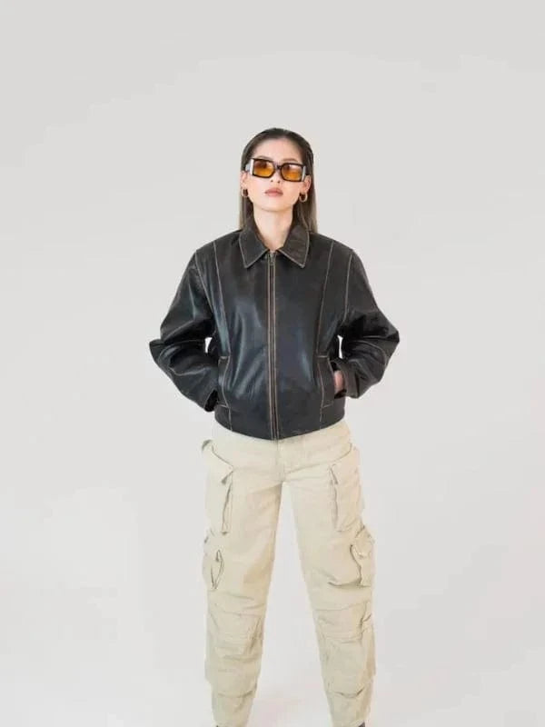 Thread Masters INC Womens Oversized 90s Distressed Brown Boxy Leather Jacket