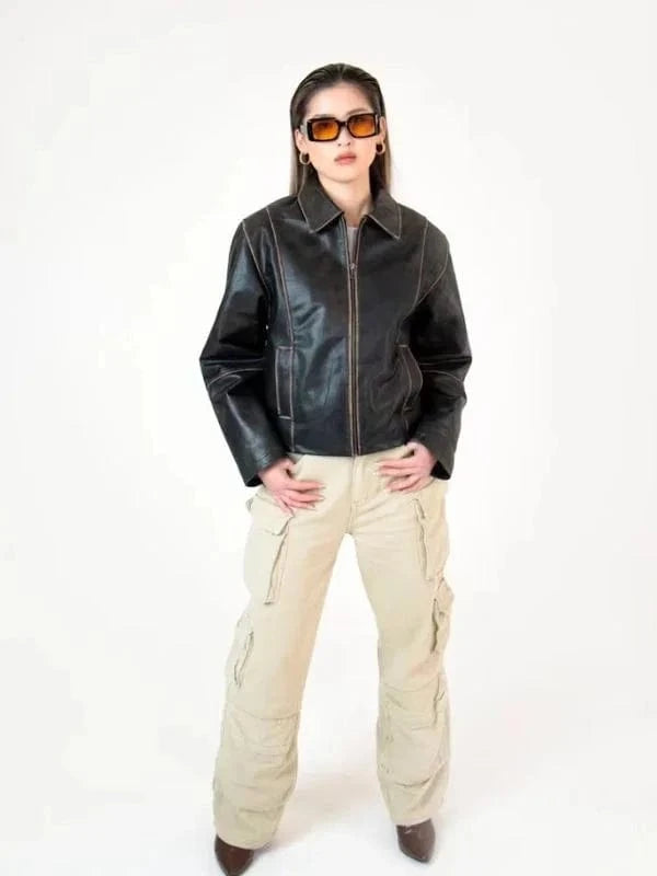 Thread Masters INC Womens Oversized 90s Distressed Brown Boxy Leather Jacket