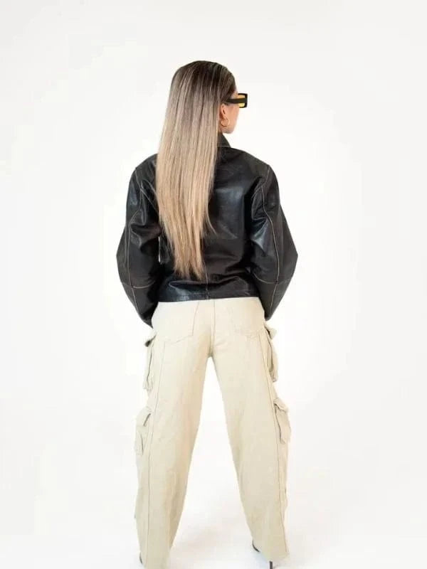 Thread Masters INC Womens Oversized 90s Distressed Brown Boxy Leather Jacket