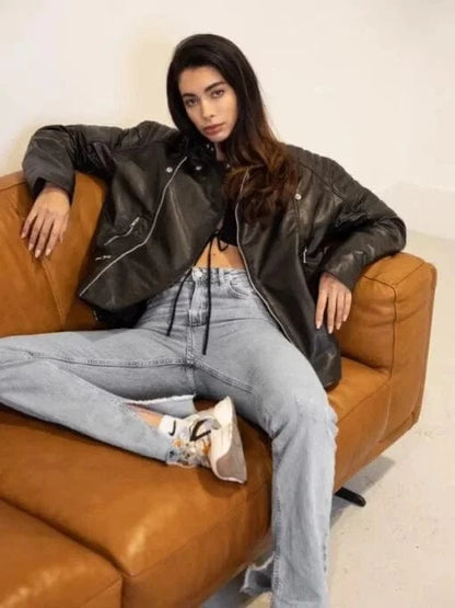 Thread Masters INC Womens Oversized 90s Quilted Vintage Retro Biker Leather Jacket