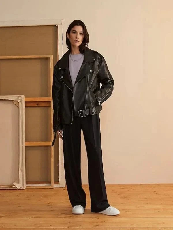 Thread Masters INC Womens Oversized 90s Vintage Retro Biker Black Leather Jacket