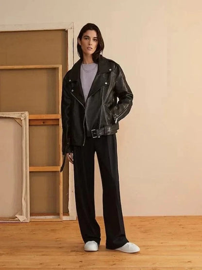 Thread Masters INC Womens Oversized 90s Vintage Retro Biker Black Leather Jacket