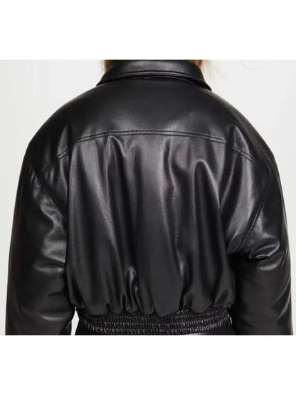 Thread Masters INC Womens Oversized Bomber Black Leather Jacket