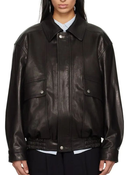 Black leather jacket worn by a person on a white background