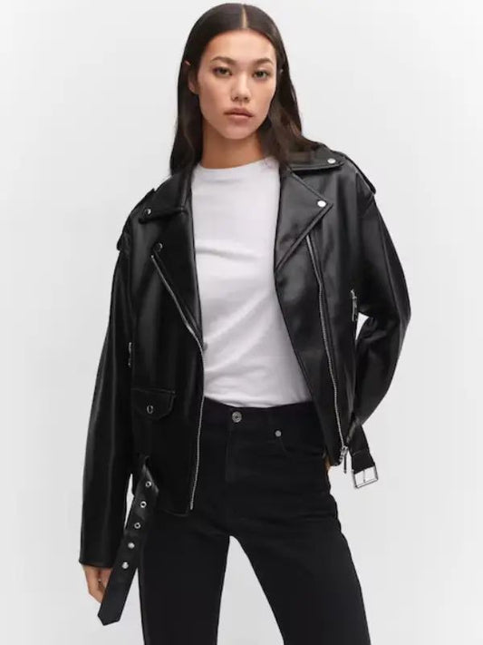 Womens Oversized Leather Effect Jacket Black Biker