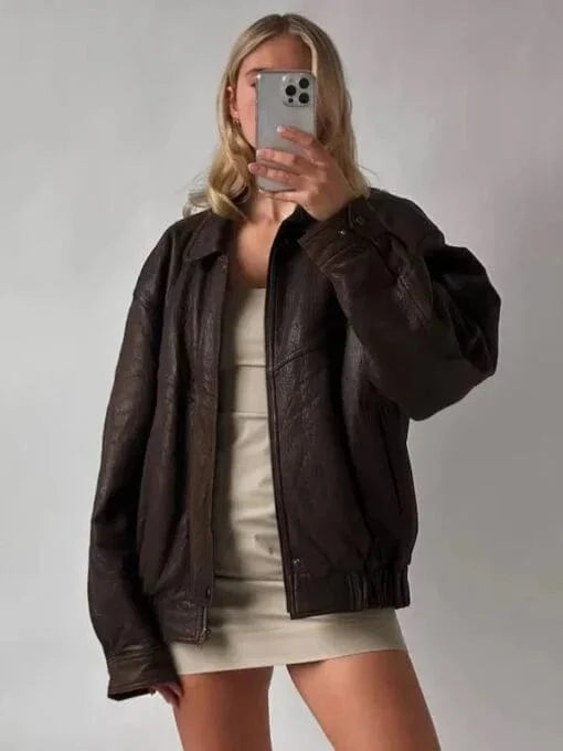 Thread Masters INC Womens Oversized Real Leather Bomber Brown Jacket