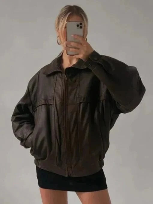 Thread Masters INC Womens Oversized Sheepskin Brown Leather Jacket