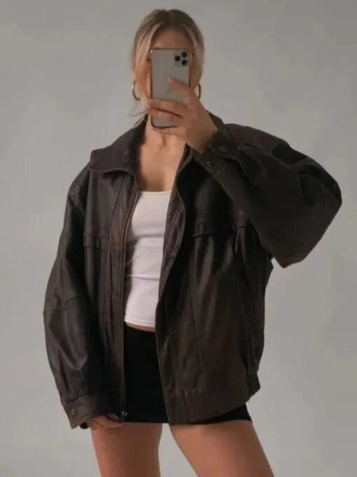 Thread Masters INC Womens Oversized Sheepskin Brown Leather Jacket