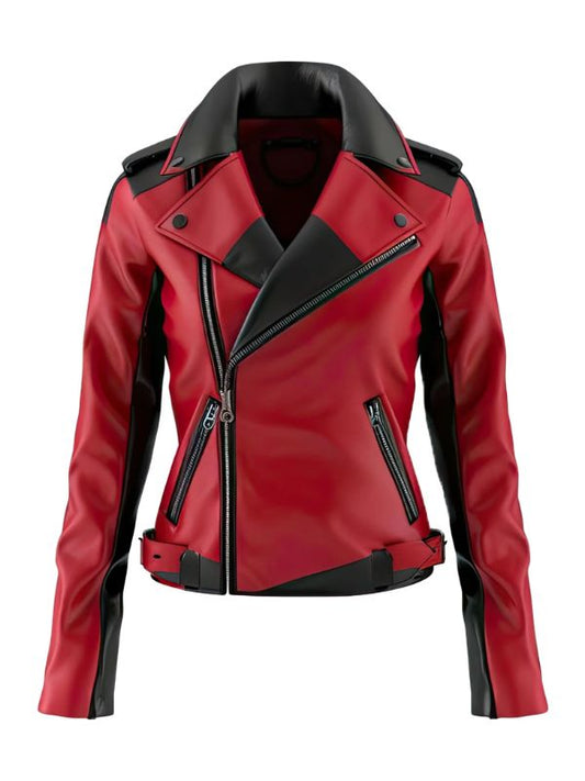 Women's Red and Black Classic Biker Leather Jacket