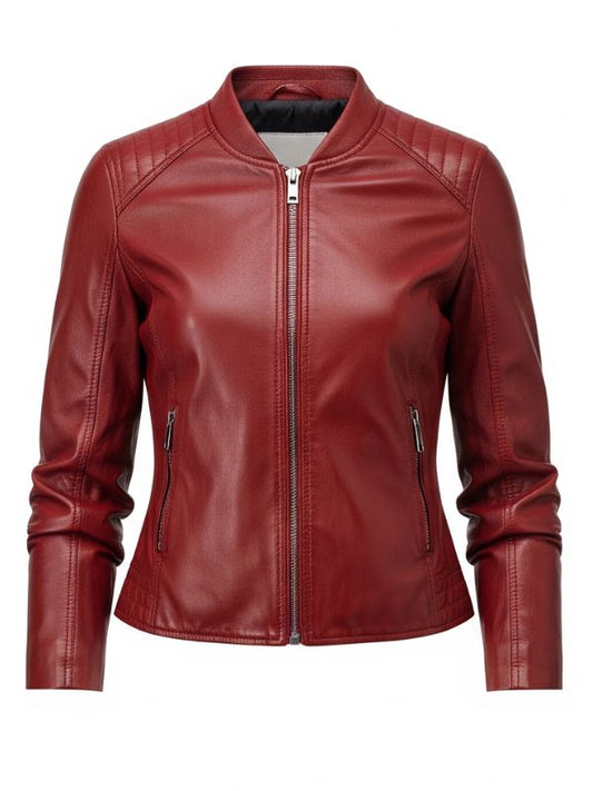 A women's bright red leather jacket featuring quilted detailing on the shoulders, a silver front zipper closure, and two zippered pockets on the front.