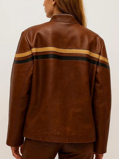 Thread Masters INC Womens Stylish Brown Leather Oversized Stripe Jacket